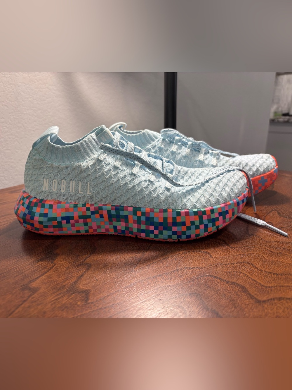 NOBULL Pale Blue Knit Sneaker with Multicolor Mosaic Sole NEW